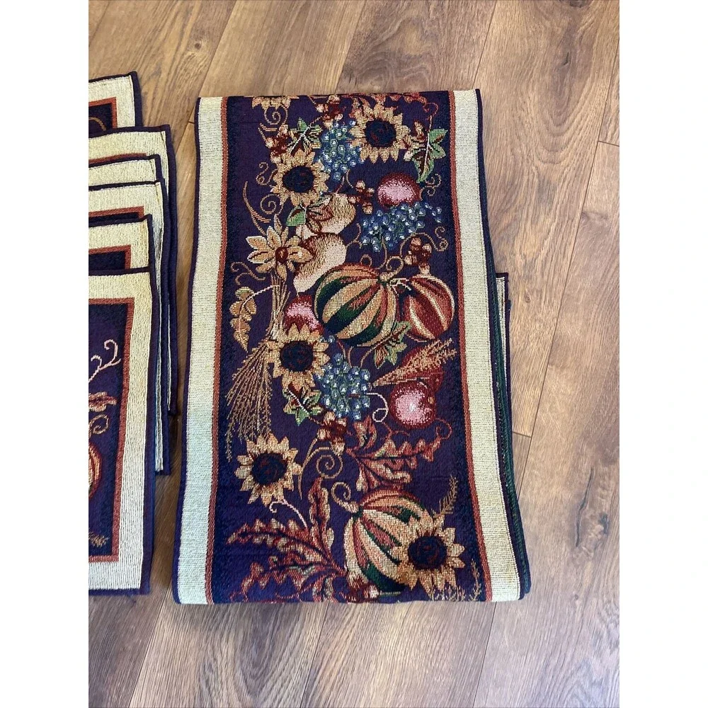 Halloween Tapestry 6 Placemats 2 Table Runner havest Pumpkins Set Nwot halloween